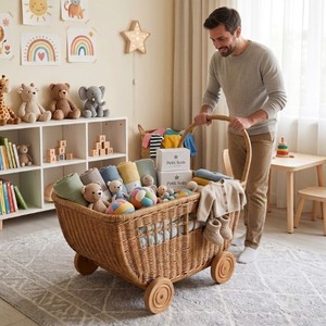 Panier de style poussette en rotin naturel tressé à la main avec roulettes pour bébé, rangement décoratif, rangement pour chambre d'enfant - Product Image 6