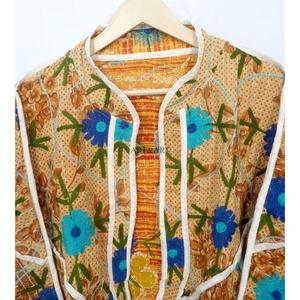 Exclusive Collection One of Kind Patchwork Vintage Kantha <b>Jacket</b> Designer Boho Hippie Women <b>Jacket</b> with <b>mandarin</b> <b>collar</b> pattern - Product Image 2