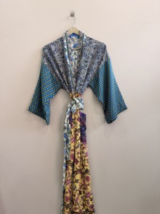 Long Patchwork Silk Kimono Robe Comfy Dressing Gown for Women V-neck Drawstring Closure Full-Length <b>Sleeves</b> Soft - Product Image 2