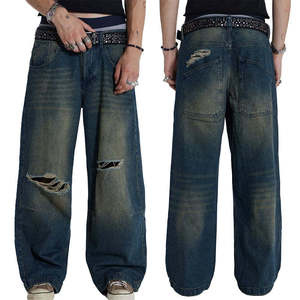 Jean large pour homme en denim déchiré, coupe ample, taille mi-haute, style hip-hop streetwear, en coton tissé pour l'automne - Product Image 1
