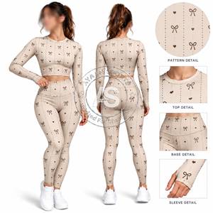 Ensemble de yoga 2 pièces pour femmes, haut court à manches longues, leggings taille haute pleine longueur, ensemble de vêtements de sport - Product Image 4