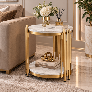 Table d'appoint ronde contemporaine en marbre avec structure en métal doré et étagère à deux niveaux pour salon et chambre modernes - Product Image 1