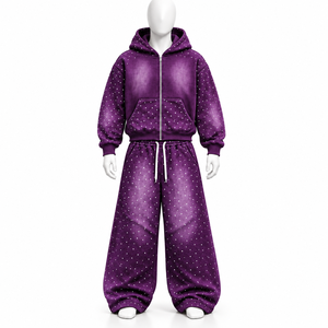 Ensemble survêtement décontracté en coton 100% avec broderie de logo personnalisée, imprimé délavé à l'acide, coupe oversize, manches longues, style streetwear - Product Image 1
