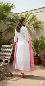 Conjunto de Kurta Larga con Pantalón y Dupatta de Lona para Mujer, 3 Piezas, Elegante, Festivo, Étnico, Midi, 100% Poliéster - Product Image 2