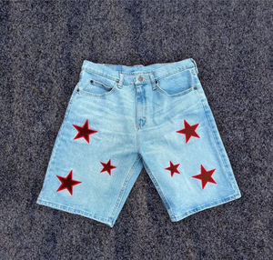 <b>Men</b>’s Light Blue Denim <b>Shorts</b> Red Star <b>Patches</b> Loose Fit Knee Length Baggy Jean <b>Shorts</b> Casual Streetwear Summer Fashion - Product Image 4