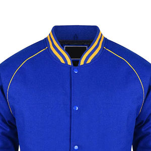 Men's Blue Varsity Jacket With Yellow Trim Regular Fit Casual Baseball Style Bomber <b>Coat</b> Solid Color Polyester Material - Product Image 2