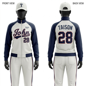 Women Baseball Tracksuit Premium 320 GSM Polyester Fleece White Body Navy Raglan Panels Embroidery Sublimation Custom Logo <b>Set</b> - Product Image 1