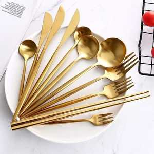 Ensemble de couverts dorés en acier inoxydable, baguettes, couteau à long manche, cuillère, fourchette, couverts asiatiques, vaisselle pour hôtel et restaurant - Product Image 1