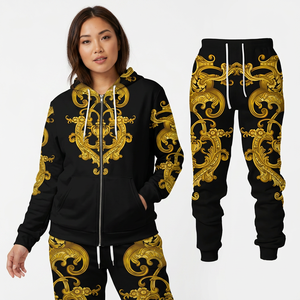 Ensemble de survêtement unisexe noir et or imprimé, sweat à capuche zippé et pantalon de jogging, tenue décontractée d'automne, coupe classique, 100 % polyester, impression par sublimation - Product Image 6
