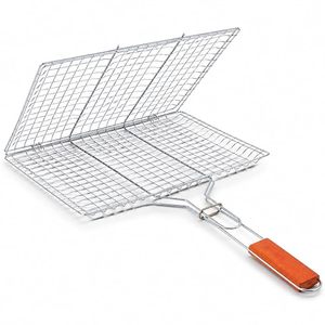 Mild Steel Portable Barbecue <b>BBQ</b> Grill Net Basket Roast Grilling <b>Tray</b> Plated with Wooden Handle for Barbecue, Roasting, Camping - Product Image 1