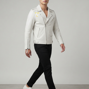 Chaqueta de Moto de Cuero PU Blanca para Hombre, Corte Ajustado, Cuello Camisero, Cierre de Cremallera, Manga Regular, Estilo Otoñal - Product Image 6