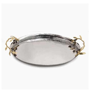 Plateau de service rond en métal avec poignée dorée artisanale, plateau décoratif pour la maison, le jardin, la nourriture, plateau de service en métal pour hôtel, mariage - Product Image 2