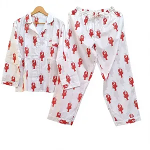 Conjunto de Pijama para Mujer, 100% Algodón, Estampado de Langosta, Manga Larga, Cuello Camisero, Pantalón Largo, Ropa de Dormir Suave e Informal - Product Image 1