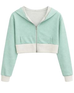Sudadera con capucha corta personalizada para mujer, color verde menta y algodón, con bloques de color, estilo casual y urbano. - Product Image 1