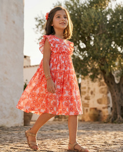 Vestido de Verano para Niñas, Diseño Premium con Estampado de Flores Rosa Coral, Mangas con Volantes de Algodón, Cómodo - Product Image 3