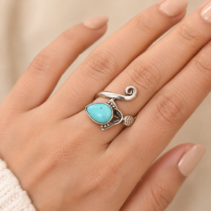925 Sterling Silver Bezel Set Pear Turquoise Plant Pattern <b>Adjustable</b> <b>Ring</b> Handmade Boho Style Rose Gold Gold Plated Women's - Product Image 2
