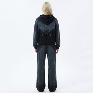 Custom Dark Grey Star Rhinestone Zip Hoodie & Flare Jogger Tracksuit Heavyweight 100% Cotton 400 GSM Fleece Tracksuit Unisex - Product Image 6