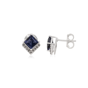 Precio al por mayor: Pendientes de botón finos hechos a mano de plata de ley 925 con iolita natural talla princesa y diamantes para mujer - Product Image 3