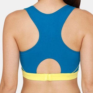 Sujetador deportivo para mujer, azul y amarillo en contraste, cuello redondo, espalda cruzada, soporte medio, transpirable, sin costuras, ajuste sólido, para fitness - Product Image 2