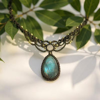 Collier Pendentif Papillon Vintage en Macramé et Chaîne de Bambou, Pierre Turquoise Naturelle Sertie en Lunette, Plaqué Or, Style Bouddhiste Unisexe
