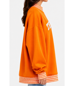 Sweat-shirt oversize à col montant pour femme THETE, en tissu épais, avec patchwork personnalisé à carreaux vichy, style streetwear décontracté et universitaire - Product Image 2