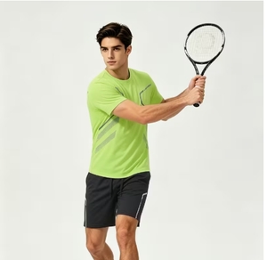 Ensemble T-shirt de tennis imprimé 3D vert citron à col en V et short noir pour homme – Respirant, anti-humidité, coupe régulière, taille élastique – Idéal pour l'été - Product Image 1