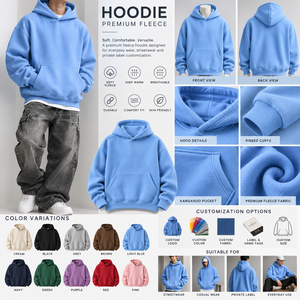 Oversized Light <b>Blue</b> Fleece Hoodie Unisex Solid Pullover Sweatshirt with Kangaroo Pocket Casual Autumn Top - Product Image 5