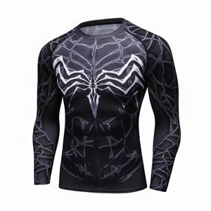 Men's Full Sleeve Spider Web Print Rash Guard Quick Dry Long Sleeve <b>Swim</b> <b>Shirt</b> Black with Silver Logo Front 2027 - Product Image 1