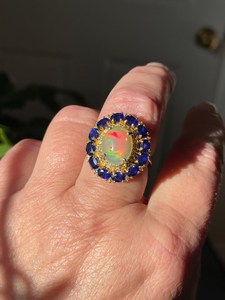 Fancy Large <b>Opal</b> Dark Blue Sapphire Post Halo <b>Earrings</b> Ring Set 925 Sterling Silver Gold/ elegant luxury cocktail set - Product Image 5