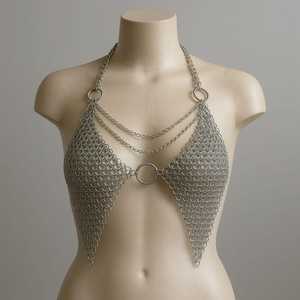 Silver-Plated Brass & Glass Chainmail Armor <b>Top</b> Modern Antique Round Shape Wedding Wear - Product Image 5