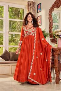 Robe Anarkali en Georgette Orange avec Dupatta, brodée de fils de sequins, longueur ras du sol, pour fêtes et mariages, pour femmes - Product Image 1
