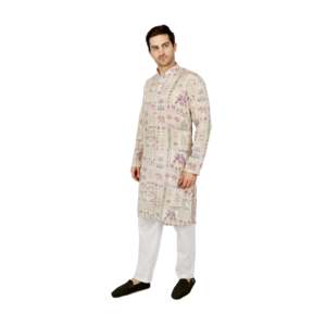 Conjunto de Kurta de Diseñador para Hombre, Verde Oliva, Bordado, con Parches de Crepé, TMEN14-07-S - Product Image 3
