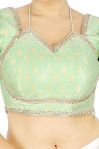 Chemisier court ample en soie brodée vert menthe à manches courtes et col en V pour femme, grande taille, printemps/hiver, été, mariage, tenue ethnique - Product Image 2