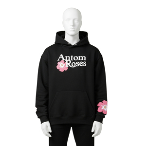 Sweat à capuche personnalisé en gros pour hommes, noir, épais, avec imprimé floral en relief, vierge, coupe oversize, en molleton de coton, à épaules tombantes, style streetwear - Product Image 4