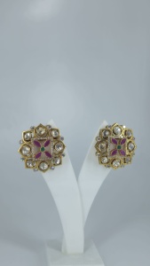 Premium 925 <b>Silver</b> Gold Plated Square Meenakari Kundan <b>Stud</b> <b>Earrings</b> Pink Green Floral Luxury Jewelry - Product Image 5