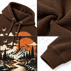 Sudadera con Capucha Oversize para Hombre, Tejido Waffle, Estampado Gráfico Atardecer en la Montaña, Hombros Caídos, Estilo Urbano - Product Image 4