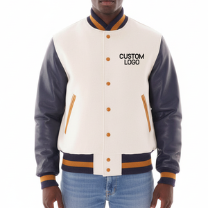Veste universitaire pour homme avec logo personnalisé, blanche et bleu marine, avec bordure orange, col rabattu, coupe classique, en PU, logo personnalisé sur le devant - Product Image 1