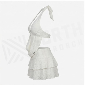 <b>White</b> Halter Swimdress With Ruffles Chiffon Solid Women's Beachwear One Piece Breathable Skirt Bottom - Product Image 3