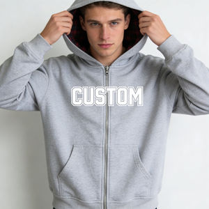 Sweat à capuche zippé surdimensionné à carreaux rouges et noirs avec bordure grise contrastante, impression de lettres personnalisée, sweat à capuche en polaire chaud décontracté pour hommes - Product Image 5