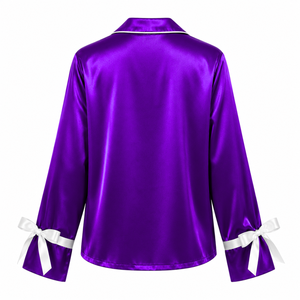NCNW Sorority Women's Satin Pajama <b>Set</b> Long Sleeve Button-Up Embroidered Two <b>Piece</b> Sleepwear Purple With <b>White</b> Trim Lounge <b>Set</b> - Product Image 3