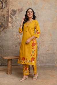 Ensemble Kurta en coton brodé couleur moutarde pour femme avec pantalon et dupatta, longueur cheville, style traditionnel indien pakistanais, décontracté - Product Image 5