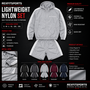 REXFIT SPORTS 2026 Custom Unisex <b>Silver</b> Nylon Hooded <b>Jacket</b> and Shorts Set Lightweight Windbreaker Tracksuit for Gym Running - Product Image 1