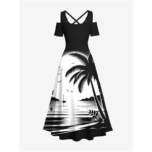 Conjunto de Pareja con Estampado de Palmeras Tropicales al por Mayor - Atuendo Monocromático para Resort con Vestido Midi Asimétrico de Tirantes - Product Image 5