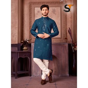 RICH LOOK SECUENCIA DE BORDADO DE SECUENCIA TRABAJO HOMBRE KURTA PIJAMA SKY - Product Image 1