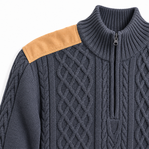 <b>Men</b>’s Heritage Cable Knit <b>Turtleneck</b> Zip Sweater with Faux Suede Shoulder Panels Winter Pullover | OEM ODM Manufacturer - Product Image 5