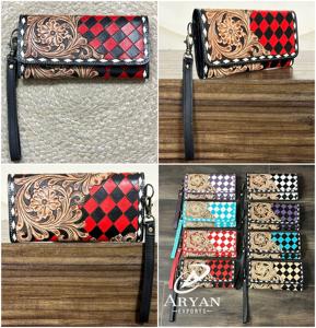 Cartera de Cuero Vacuno Hecha a Mano de Primera Calidad, con Diseño Floral y Patrón a Cuadros, Gran Capacidad, Perfecta para Mujer - Product Image 1