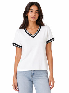 Camiseta de Mujer con Cuello en V y Ribete en Contraste, Manga Corta, Estilo Casual, Corte Ajustado, Ligera, Transpirable, Mezcla de Algodón, Elegante, para Verano - Product Image 1