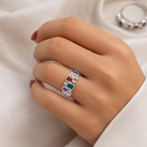 Geometric Multicolor Gemstone <b>Ring</b> 925 <b>Silver</b> Plated <b>Cubic</b> <b>Zirconia</b> Emerald Cut Modern Style Unisex Daily Wear - Product Image 3
