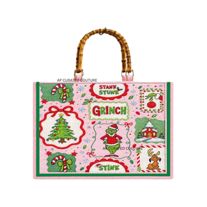 <b>Red</b> Cream Striped Embroidered Bow Tote <b>Bag</b> Seed Beaded Material Santa Pattern Winter Elegant Design Shopping Christmas Inspired - Product Image 5