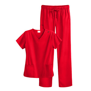 Conjunto de uniforme médico rojo para mujer, top con cuello en V y bolsillos, y pantalones con cintura elástica. - Product Image 1